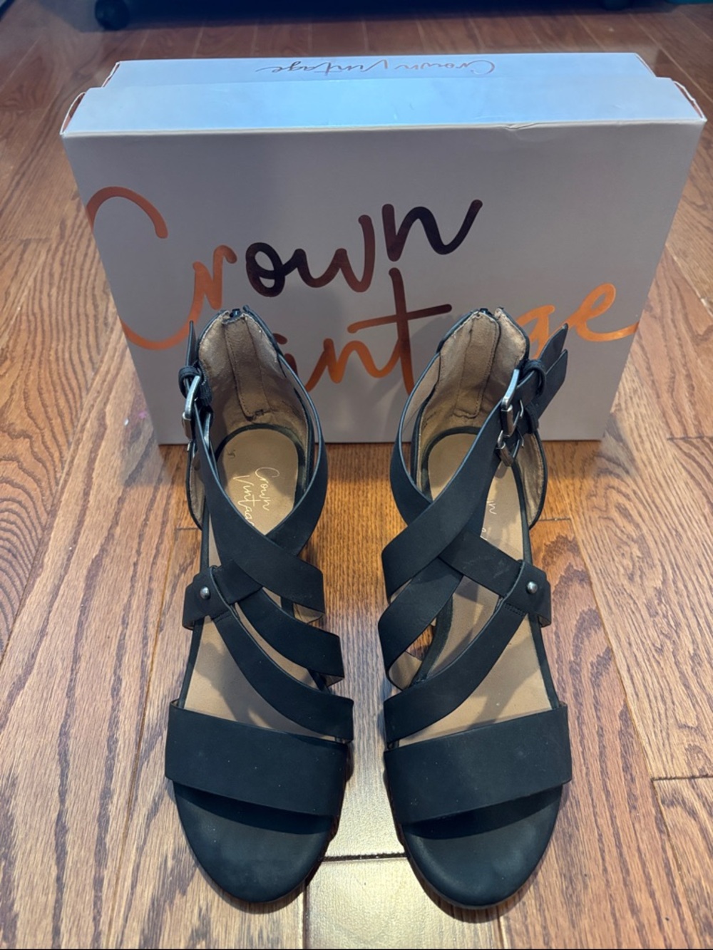 Crown Vintage Black Strappy Wedge Sandals with Ankle Buckles